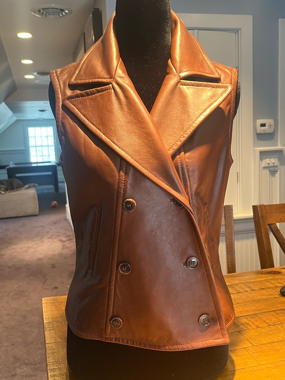 Vintage Anne Klein II Cognac Brown Leather Double-Breasted Vest